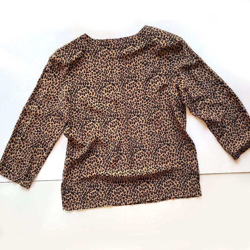 FV² 100% Silk Leopard Print Blouse Women’s M Brown Black 3/4 Sleeve Top Y2K 90s